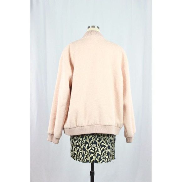 GANNI Inglewood Rose Smoke Pink Furry Wool Blend Varsity Bomber Jacket, Size L - Picture 5 of 15